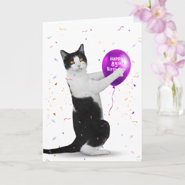 Tuxedo Cat 85th Birthday Balloon Card (Orchid)