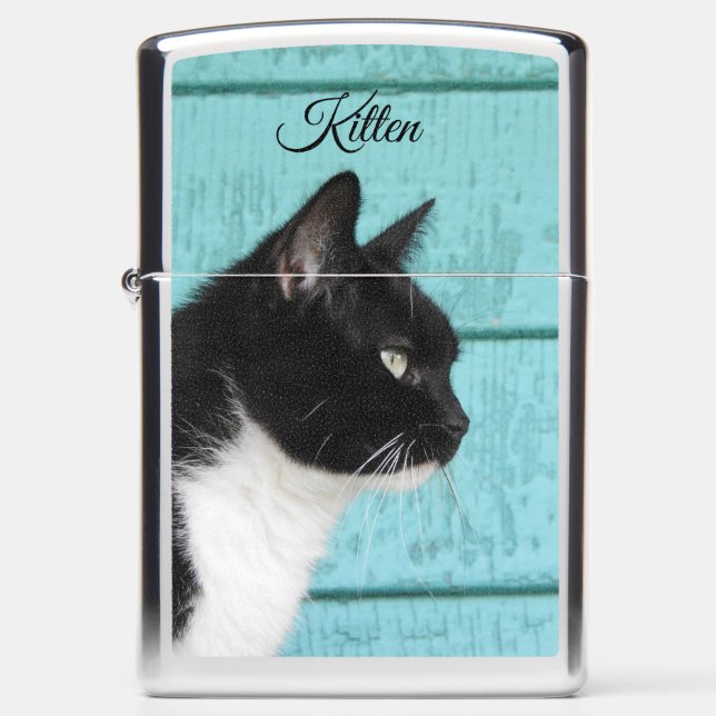 Tuxedo Cat against Teal *Personalize* Zippo Lighter (Front)