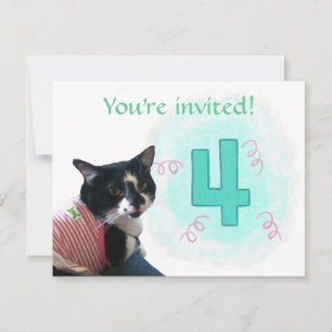 Tuxedo Cat Age Four Birthday Party Invitations