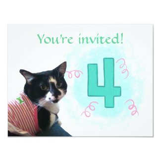 Tuxedo Cat Age Four Birthday Party Invitations
