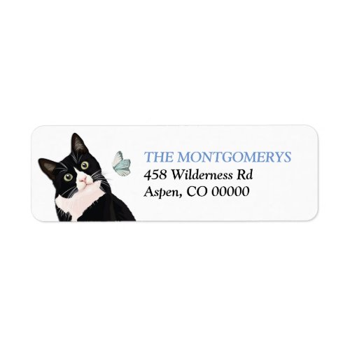 Tuxedo Cat and Blue Butterfly Return Address Label