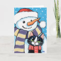Tuxedo Cat and Carrot Nose Snowman Painting Holiday Card