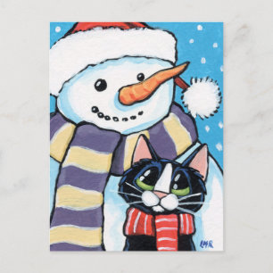 Tuxedo Cat and Carrot Nose Snowman Painting Holiday Postcard