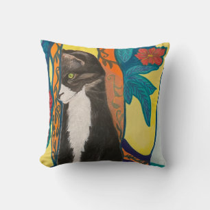 Tuxedo Cat and Embroidered Window Curtains Throw Pillow