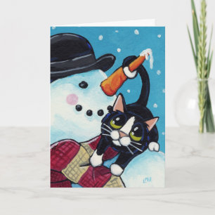 Tuxedo Cat and Gentleman Snowman Christmas Card