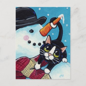 Tuxedo Cat And Gentleman Snowman Postcard by LisaMarieArt at Zazzle