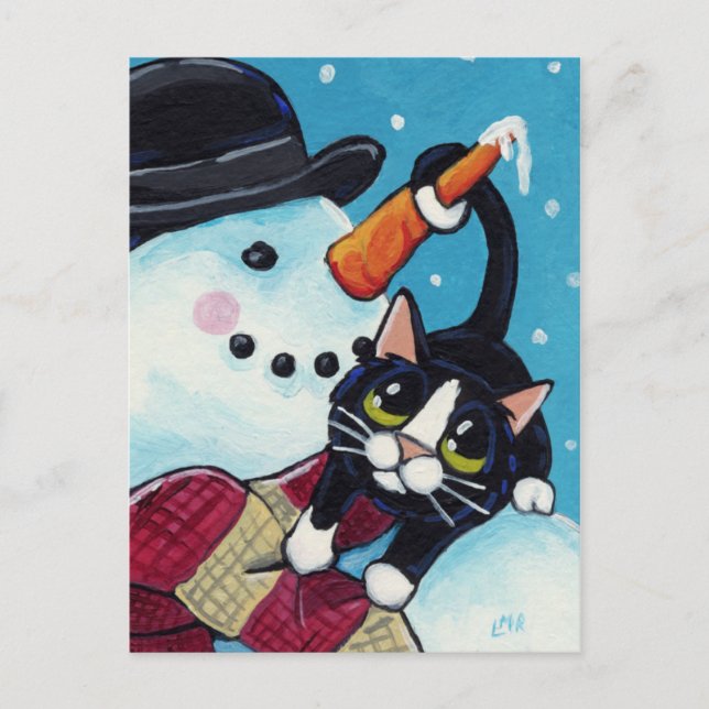 Tuxedo Cat and Gentleman Snowman Postcard (Front)