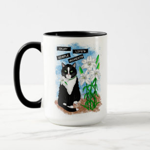 Tuxedo Cat and Lilies Inspirational Quote Mug