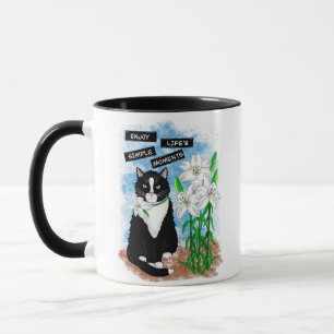 Tuxedo Cat and Lilies Inspirational Quote Mug