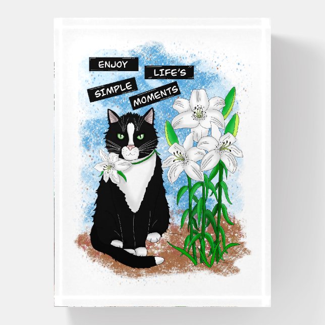 Tuxedo Cat and Lilies | Inspirational Quote Paperweight (Vertical)