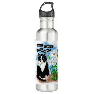 Tuxedo Cat and Lilies Inspirational Quote Stainless Steel Water Bottle