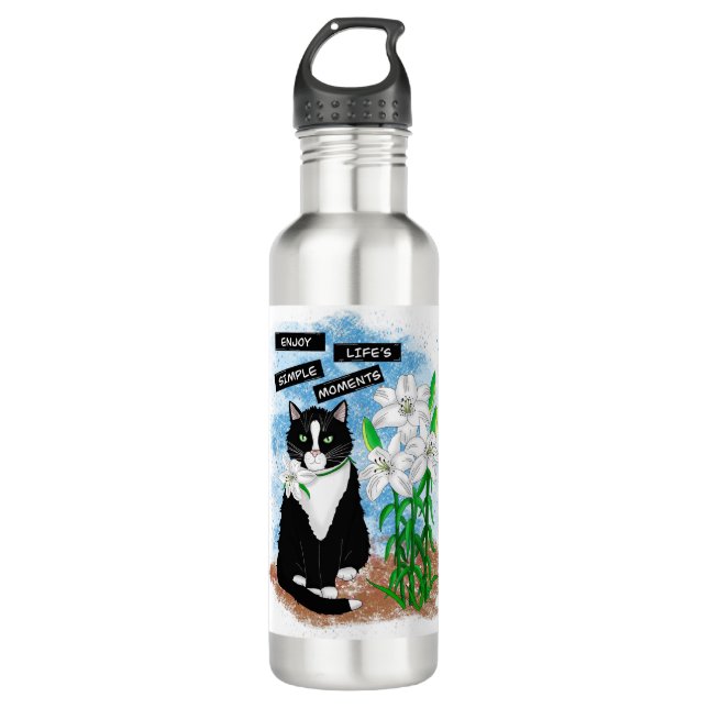 Tuxedo Cat and Lilies | Inspirational Quote Stainless Steel Water Bottle (Front)
