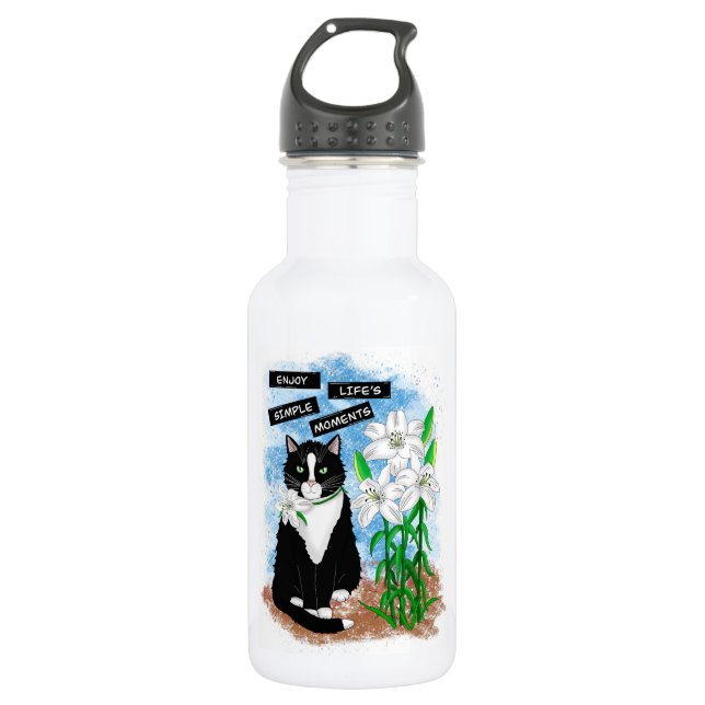 Tuxedo Cat and Lilies | Inspirational Quote Stainless Steel Water Bottle (Front)