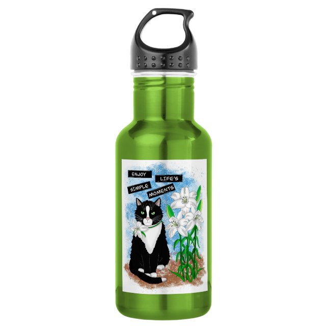 Tuxedo Cat and Lilies | Inspirational Quote Stainless Steel Water Bottle (Front)