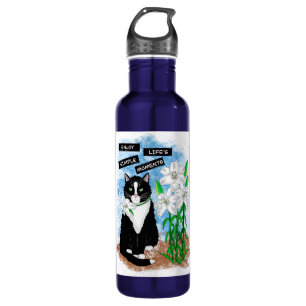 Tuxedo Cat and Lilies   Inspirational Quote Stainless Steel Water Bottle