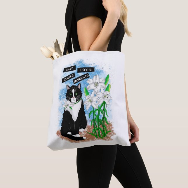 Tuxedo Cat and Lilies | Inspirational Quote Tote Bag (Close Up)