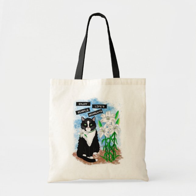 Tuxedo Cat and Lilies | Inspirational Quote Tote Bag (Front)