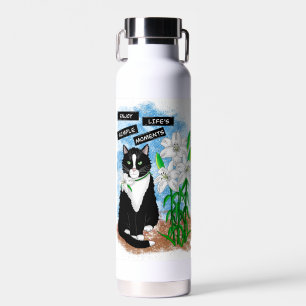 Tuxedo Cat and Lilies Inspirational Quote Water Bottle