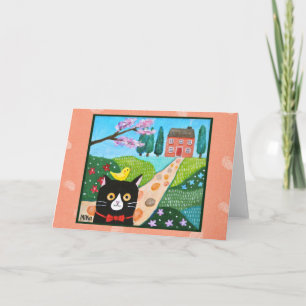Tuxedo Cat and Little Yellow Bird Cute folk art Card