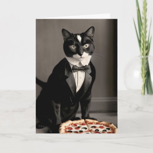 tuxedo cat and pizza card