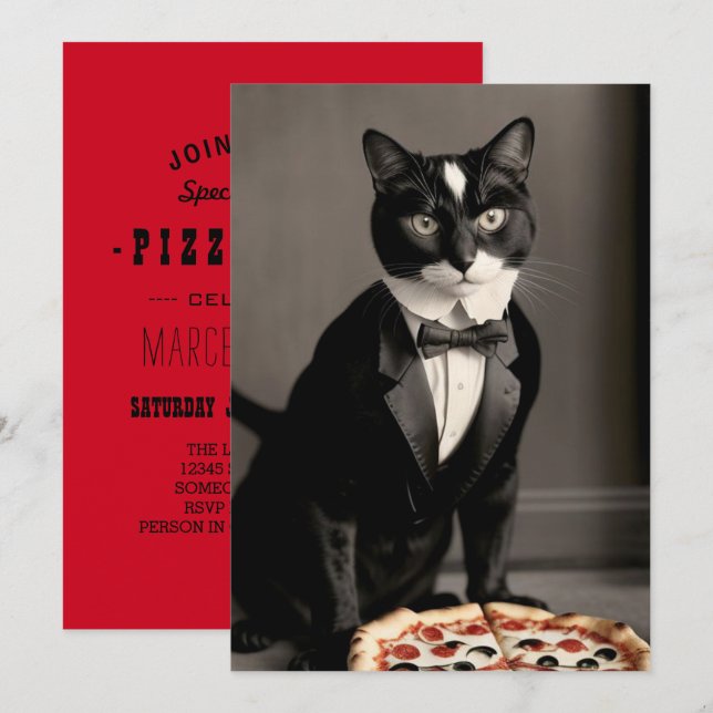 tuxedo cat and pizza invitation (Front/Back)