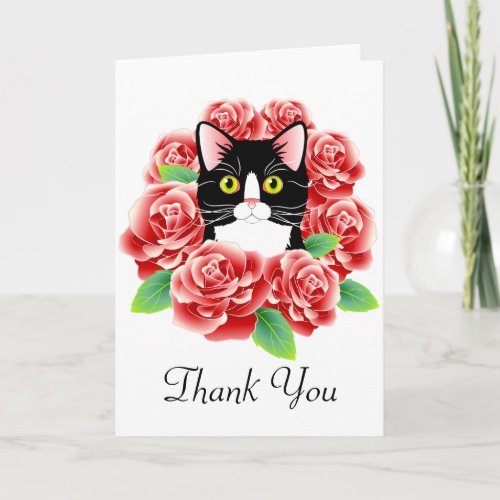 Tuxedo Cat and Roses Cute Thank You card
