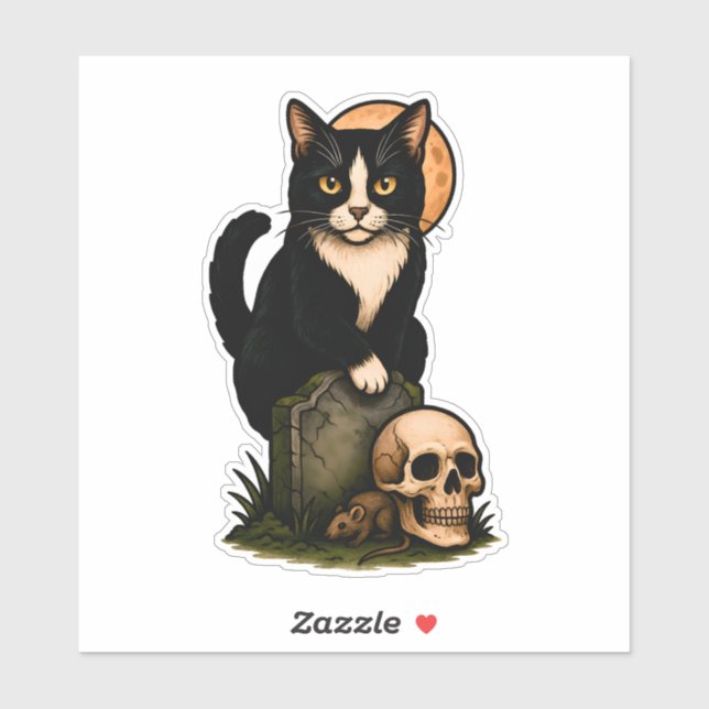 Tuxedo Cat and Skull – Cute Gothic Graveyard Desig Sticker (Sheet)