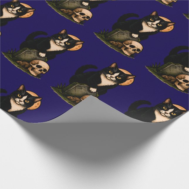 Tuxedo Cat and Skull Cute Gothic Graveyard Design Wrapping Paper (Corner)