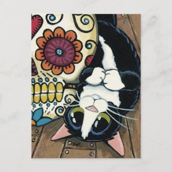 Tuxedo Cat And Sugar Skull Illustration Postcard by LisaMarieArt at Zazzle