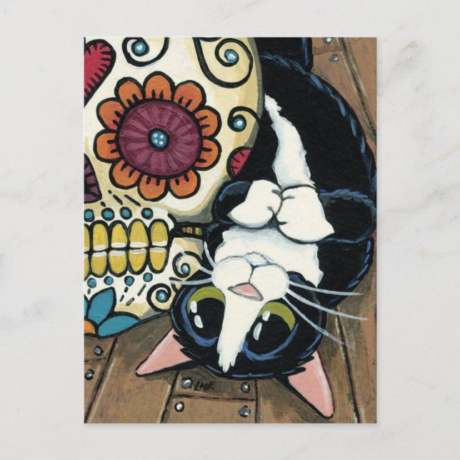 Tuxedo Cat and Sugar Skull Illustration Postcard (Front)