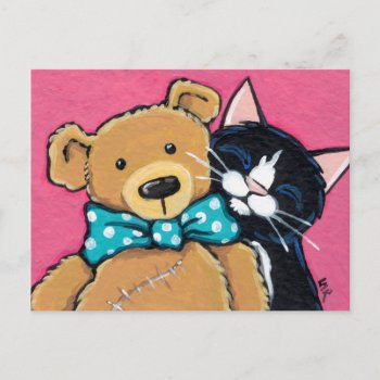 Tuxedo Cat And Teddy Bear With Bow Tie Postcard by LisaMarieArt at Zazzle