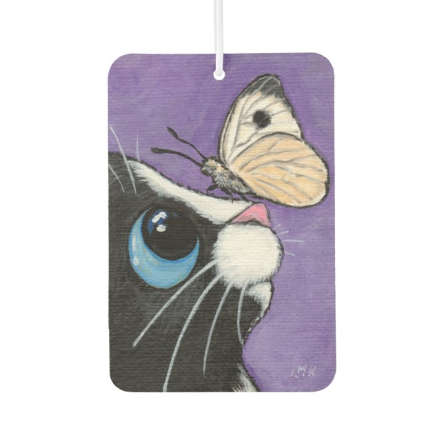 Tuxedo Cat and White Butterfly Illustration Car Air Freshener (Front)