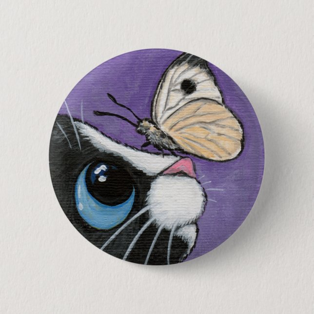 Tuxedo Cat and White Butterfly Painting Button (Front)