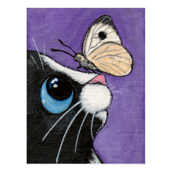 Tuxedo Cat and White Butterfly Painting Postcard
