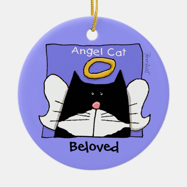Tuxedo Cat Angel Personalize Ceramic Ornament (Front)