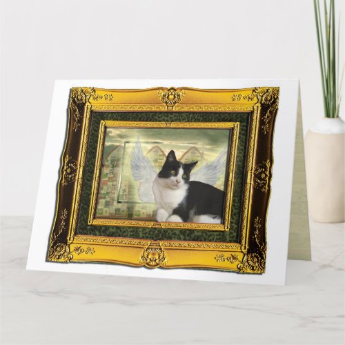 Tuxedo Cat Angel Pet Sympathy Card gold frame