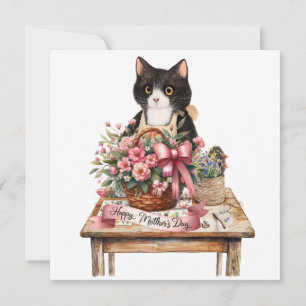 Tuxedo cat arranging flower Mother;s Day Holiday Card