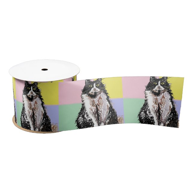 Tuxedo Cat Art Cute Pastel Satin Ribbon (Spool)