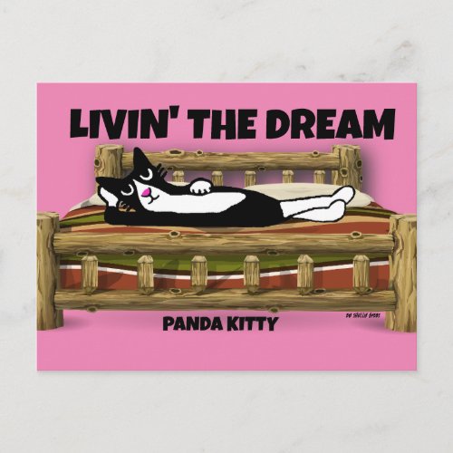 TUXEDO CAT ART RELAXING IN BED PANDA KITTY   POSTCARD