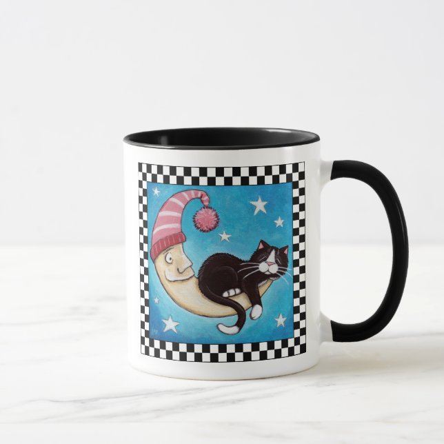 Tuxedo Cat Asleep on the Moon | Cat Art Mug (Right)