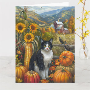 Tuxedo Cat Autumn Harvest Thanksgiving Card