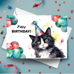 Tuxedo Cat Balloons and Party Hat Happy Birthday  Card