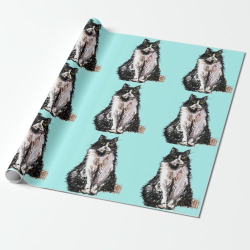 Tuxedo Cat Black and White Cats Aqua turquoise Wrapping Paper