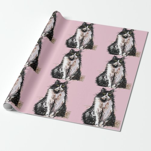 Tuxedo Cat Black and White Cats Baby Pink Wrapping Paper