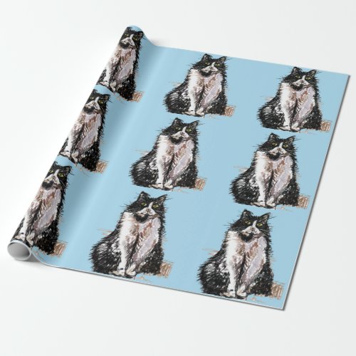 Tuxedo Cat Black and White Cats Blue Lovers Wrapping Paper