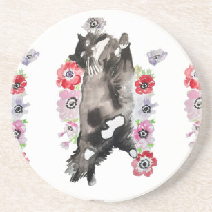 Tuxedo Cat Black and White Cats floral pink Coaster