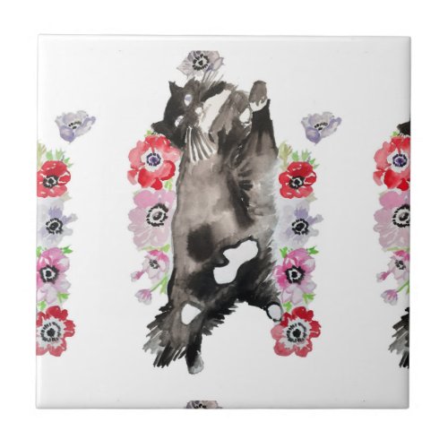 Tuxedo Cat Black and White Cats floral pink Tile