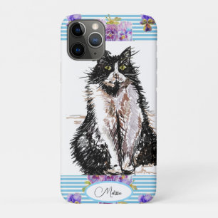 Tuxedo Cat Black and White Cats Girls Blue Floral iPhone 11 Pro Case