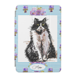 Tuxedo Cat Black and White Cats Girls Blue Floral iPad Mini Cover