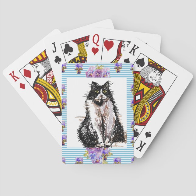 Tuxedo Cat Black and White Cats Girls Blue Floral Poker Cards (Back)